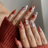 Daiiibabyyy  24Pcs Maillard Smudge Maple Leaf Design Press on Fake Nails Mid-length Almond Full Cover Nail Tip Reusable Finished False Nails