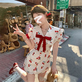 DAIIIBABYYY  -  Summer Fashion Small Girl Red Cherry Print Doll Dress Women Cute Bow Slim Mini Shirt Dress Holiday Sleeveless Short A Line Skirt