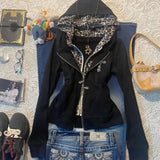 Daiiibabyyy  Subculture Y2k Leopard Print Splicing Fake Two-piece Hooded Sweatshirt Jacket Autumn Zipper New Design Sense Top Ins