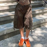 Daiiibabyyy  Women's Summer Shorts Cotton Mid Waist Drawstring Short Pants Olive Green Flap Pocket Casual Shorts Brown Loose Fit Cargo Shorts