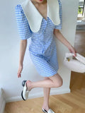 DAIIIBABYYY  -  Dress Summer Women 2025 New Trendy Ins Light Mature Age Reducing Doll Collar Small Blue Checkered Children Cute Sweet
