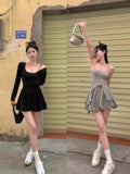 Daiiibabyyy  Two Piece Sets Women Clothing Sun Protection Crop Korean Cardigan + Fashion A-Line Mini Slip Dress Autumn Y2k Solid Color Suit