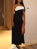 Daiiibabyyy  Hit Color Slimming Backless Evening Split Dress for Women Strapless Sleeveless High Waist Temperament Dress Female Fashion