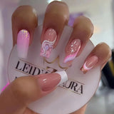 Daiiibabyyy 24Pcs Glitter Pink False Nails with Glue Long Ballet Full Cover Fake Nail Tips Ripple Design Detachable Coffin Press on Nails