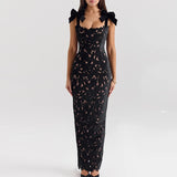 DAIIIBABYYY  -  Bow Suspenders Slim Banquet Dress Women Sexy Hollow Embroidery Solid Color Long Dress 2025 Fashion Backless Zipper A-line Dress