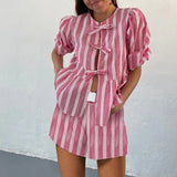 Daiiibabyyy  Elegant Crew-Neck Short Sleeve Blouse&Shorts Suit 2025 Women All Match Vacation Set Summer Striped Patchwork 2Pcs Loose Outfits