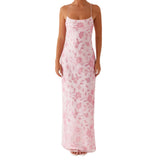 Daiiibabyyy  Women Summer Glitter Sequin Beaded Flower Cami Dress Slim High Split Spaghetti Strap Open Back Long Dresses for Party Club