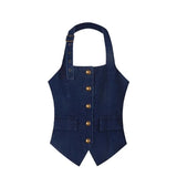 DAIIIBABYYY  -  Ins Women Vests Off Shoulder Solid Halter Button French Denim Vests Sexy Hot Girls Backless Vintage Camisoles Summer Female Tops
