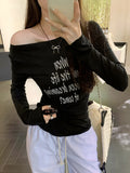DAIIIBABYYY  -  Y2k Aesthetics White Letter Print Vintage Tops 2025 Spring Harajuku Slim Fit Slash Neck T-shirt Streetwear Grunge Bodycon Tees