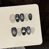 Daiiibabyyy  10Pcs Handmade Press On Nails Purple Crystal Flower Fake Nails With Design Japanese Style Glitter Cat's Eye Artificial Nail Tips