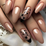 Daiiibabyyy  24Pcs Mid-length French Almond Fake Nails Tips Polka Dot Black Flower Sumdge Press on Nails Silver Moon Star Reusable False Nail