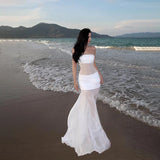 DAIIIBABYYY  -  Summer Holiday Fashion Strapless White Long Dress Women Sexy Hot Sheer Transparent Mesh Dress Robe Vacation Seaside Fairy Dress