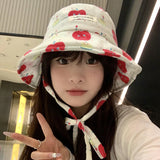 DAIIIBABYYY  -  Y2K Cute Apple Print Bucket Hats for Women Spring and Summer New Korean Outdoor Leisure Sunscreen Versatile Strap Sun Hat