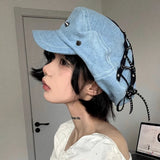 DAIIIBABYYY  -  Spring and Summer New Sweet Cool Babes Denim Flat Top Painter Hats for Women Retro Punk Style Niche Rivet Design Berets Cap Y2k