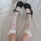 DAIIIBABYYY  -  Cute Lolita Transparent Lingerie Stockings Lovely Bow Over Knee Black White Heart Bow Sexy Suspender High Tube Silk Long Socks