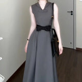 DAIIIBABYYY  -  Women's New French Round Neck Grey Dress Two Sided Wear Style Summer Butterfly Knot Waist Design Sleeveless Ankle-Length Dresses