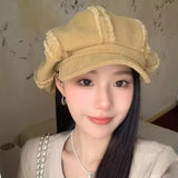 DAIIIBABYYY  -  American Retro Rough Edge Octagonal Hats for Women Spring and Autumn Travel Casual Versatile Literary Cloud Berets Cap