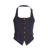 DAIIIBABYYY  -  Ins Women Vests Off Shoulder Solid Halter Button French Denim Vests Sexy Hot Girls Backless Vintage Camisoles Summer Female Tops