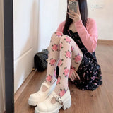 Daiiibabyyy  French Embroidery Lolita Stockings Pink/Black Rose Floral Tights Thin Mesh Pantyhose Lady