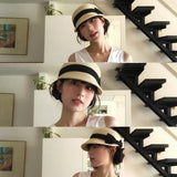 Daiiibabyyy  Bow shaped dome grass woven duckbill hat for women, summer outdoor face enhancing small grass hat, sun protection and shading