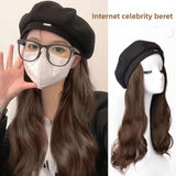 Daiiibabyyy  Women's Beret Hat Integrated Fashion Simulation Hair Extension Long Straight Fake Hair with Cap Asian Fiber Hats