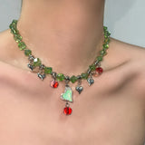 DAIIIBABYYY  -  Mint Green Crystal Block Bead Necklace New Heart-Shaped Tassel Fashionable Creative Design Colorful Necklace Women's Jewelry