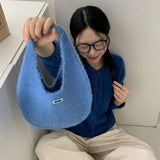 Daiiibabyyy  Ladies' Tote Bag Autumn Winter Korean Plush Dopamine Sweet Kawaii Simple Versatile Daily Large Capacity Knitted Handbag For Girl