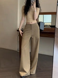 Daiiibabyyy  Gray High-Waisted Wide-Leg Pants Drapey Fabric Loose Fit Casual Women's Fashion Trousers Daily Wear Bottoms