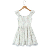 Daiiibabyyy  Sexy Floral Print Spliced Lace V neck Ruffles Strap Tank Dress Women Wood ears Low Waist Short Dresses Swing A-lined Robe