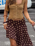 Daiiibabyyy  Dark Brown Polka Dot A-Line Mini Skirt Korean Gentle Waist Pleated Asymmetric Commute Skirt Stroll Summer Outing Outfit