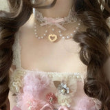 Daiiibabyyy  Fashion Cute Lolita Lace Pink Bow Pearl Tassels Necklace for Women Sweet Princess Heart Pendant Choker Cosplay Party Jewelry