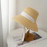 Daiiibabyyy  Summer Seaside Big Brim Straw Hat Women's Vacation Beach Sun Hats Bow Ribbon Wide Brim Wheat Straw Flat Top Boater Hat