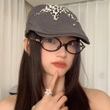 DAIIIBABYYY  -  American Retro Babe Style Berets Y2k Summer Versatile Fashion Leopard Print Sticker Design Sun Protection Forward Hats Woman