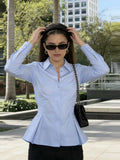 Daiiibabyyy  Lapel Waist Cinching Ruffle Shirt Women Elegant Turn-down Collar Long Sleeve Button Slim Blouse Top Spring Chic Ladies Partywear