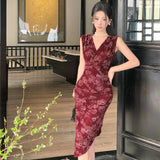 DAIIIBABYYY  -  Chinese Style Elastic Velvet Printed Evening Dress Women's Spring/summer Pure Sexy V-neck Slim Dress Fashion Female Clothes