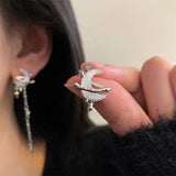Daiiibabyyy  Asymmetric White Moonstone Earrings for Women Rhinestone Tassel Chain Y2K Jewelry Party Simple Star Moon Chinese Jewelry Gifts