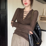 DAIIIBABYYY  -  Sexy V-neck Lacing Long Sleeve Knitting Women Spring Autumn Slim Perspective Solid Color Top Tee Femme Simplicity Pullovers Tops