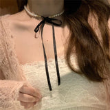 Daiiibabyyy Kpop Y2K Aesthetic Lolita Pink Bowknot Black Rope Chain Pearl Beaded Necklace For Girl EMO Goth Charm 2000s Jewelry Accessories