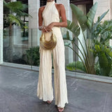 Daiiibabyyy  High Street Halter Backless Blouse&Wide Leg Pants Set Summer Elegant Two Piece Party Club Suit 2025 Chic Folds Female Outfit