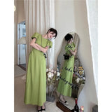 DAIIIBABYYY  -  Green Dress for Women Puff Sleeve Hollowed-Out Pleated Dresses Slimming Korean Fashion Hot Girls A-line Skirts Preppy Clothes