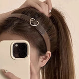 Daiiibabyyy  Fashion Coffee Brown Leather Buckle Hairband Hair Accessories Head Band for Women Spring Autumn Warm PU Leather Heart Headbands