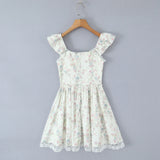 Daiiibabyyy  Sexy Floral Print Spliced Lace V neck Ruffles Strap Tank Dress Women Wood ears Low Waist Short Dresses Swing A-lined Robe