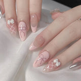 Daiiibabyyy  24Pcs Mid-length Almond Full Cover Fake Nail Pink Smudge Rhinestone Design Press on Nails Star Pattern Wearable False Nails Tips