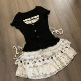 DAIIIBABYYY  -  Japanese Two Pieces Set Women Patchwork Grunge Bandage Bow T-shirt + Y2k Aesthetic Printing Mini Cake Skirts Harajuku Outfits