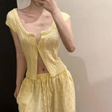 DAIIIBABYYY  -  Yellow Buttons Screw Thread Knitting Cardigan Women Clothing Summer New Fashionable Hollow Out V-neck Simplicity Top Tee Women