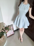 Daiiibabyyy  French Elegant Coquette Mini Dress Women Pearl Beaded Bow Decor Summer Slim Fit Bodycon Ruffled Hem Party Date Night Outfit
