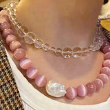 DAIIIBABYYY  -  1pcs/ imitation acrylic Baroque Pearl Pink Opal Necklace fashionable atmosphere Joker short clavicle chain simple and high sense