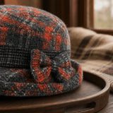 Daiiibabyyy  Vintage Thickened Middle Aged Women Bucket Hat Windproof Warm Bow Top Hat Short Brim Faux Woolen Cloche Hat Elderly Mom