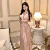 Daiiibabyyy  2026 Summer French Fashion Light Luxury Evening Gown Women V-neck Backless Sexy Sleeveless Satin Dress Chic Elegant Banquet Gown