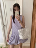 DAIIIBABYYY  -  Korean 2025 Retro Plaid Vest Dress Women Summer New Design Sense Drawstring Tied Flower Bud Short A-line Vestidos